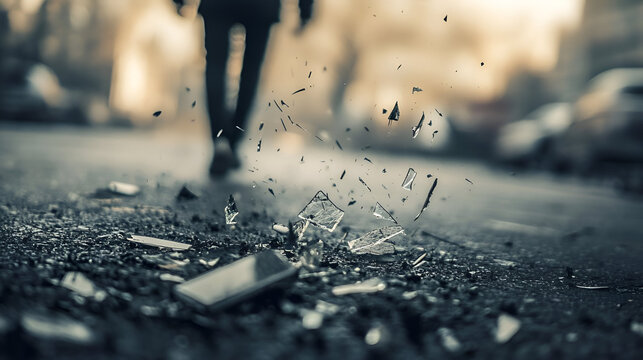 A blurred figure walking away, leaving a trail of broken objects, symbolizing the impermanence of human existence