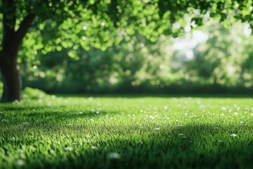 Naklejka premium Lush green meadow surrounded by trees creating a serene natural atmosphere, meadow green grass with tree border Photo in background