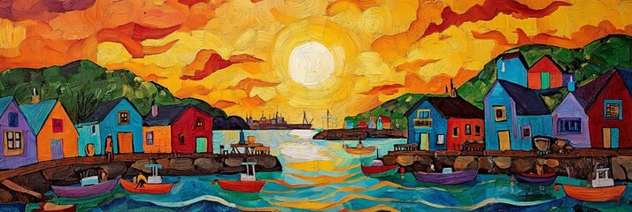 Colorful painting of coastal village houses with boats under a bright sun.