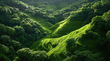 Lush Green Terraced Rice Fields Under Bright Blue Sky in Mountains