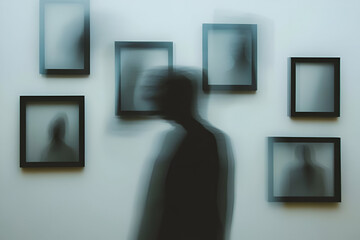 A blurred silhouette of a figure surrounded by empty frames, symbolizing the absence of identity and the search for self-awareness