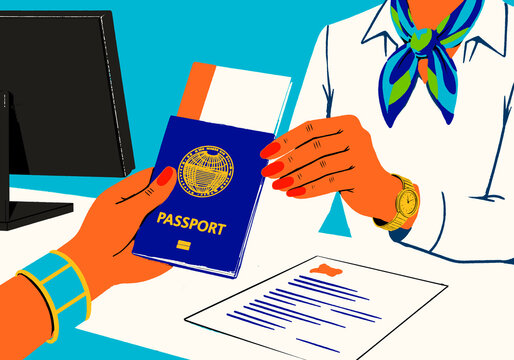 Illustration of a passport and ticket being handed over at an airport counter