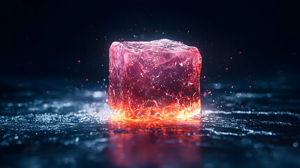 Glowing Red Cube On Dark Reflective Surface