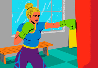 Illustration of a woman boxing with a punching bag in a gym