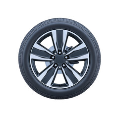 Fototapeta premium A car wheel with a black tire and metal rim is isolated on a white background, perfect for automotive and transportation themes