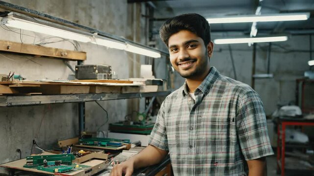 Young electronic engineer smiling while working with circuit boards in a laboratory, developing innovative technologies and pushing the boundaries of electronic design and research