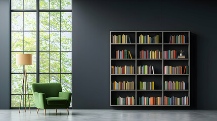Modern Minimalist Interior Library Design With Green Chair And Bookshelf