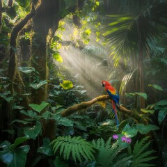 Radiant Macaw in Sunlit Rainforest Canopy