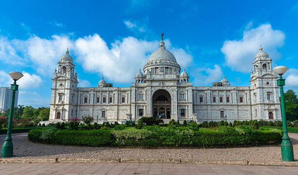 Landscape View of The Victoria Memorial , a large marble building in Central Kolkata.  