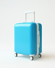 A vibrant blue carry-on suitcase with white accents, four wheels, and a retractable handle, sits on a plain white background