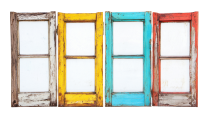 Old rusty wooden colorful window frame on white background