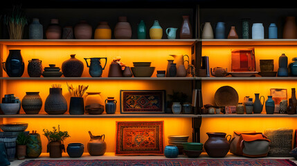Ornate Display Shelves With Warm Lighting