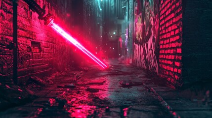 Narrow alleyway with brick walls illuminated by red and teal neon lights.
