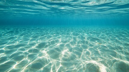 Underwater view shows sunlight filtering through clear turquoise water onto sandy bottom.