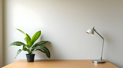 Simple Wooden Desk With Plant And Lamp