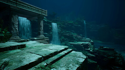 Submerged Ancient Stone Structures With Waterfalls