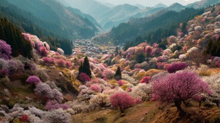Blossoming trees valley landscape