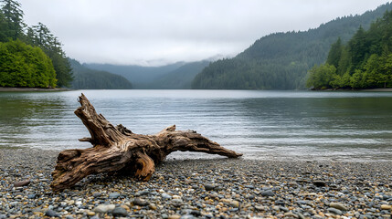 Driftwood On Pebble Beach Under Cloudy Sky