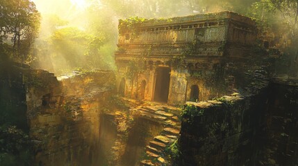 Ancient stone structure in jungle environment with sunlight shining through foliage.