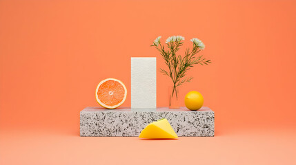 Citrus Fruits And Flowers Still Life Arrangement On Podiums