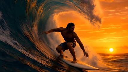 Epic Surfing Adventure – Skilled Surfer Riding a Massive Wave at Sunset