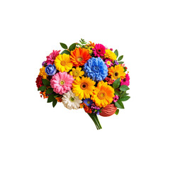 A vibrant bouquet of colorful flowers in a vase, featuring pink roses, yellow blossoms, and orange petals, perfect for a beautiful floral gift