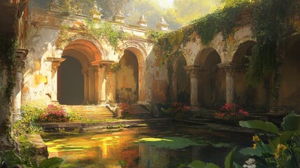 Old stone structure with arches and water reflecting sunlight in a lush environment.