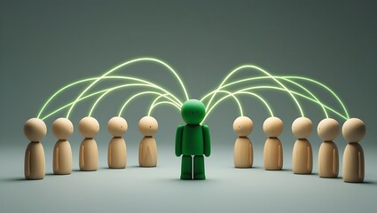 Wooden figures connected by glowing lines with a green figure in the center of the formation view