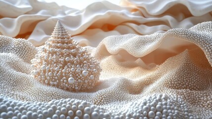 Elegant seashell centerpiece atop soft, textured fabric, creating a serene and luxurious coastal ambiance for home decor or event styling.