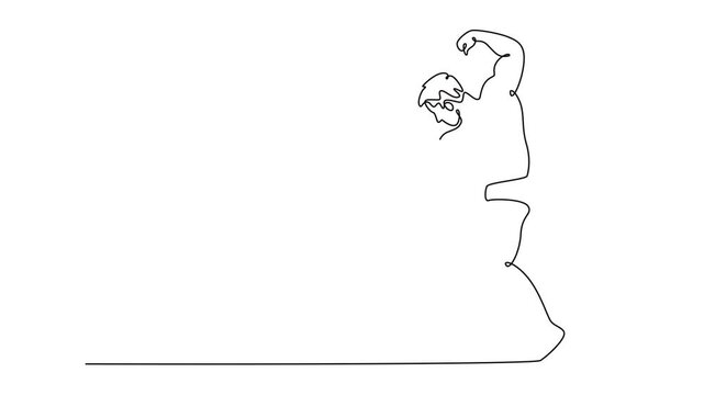 Self drawing animation of single line draw muscular man showing back muscles in fitness gym. Strong bodybuilder male topless demonstrating body fit musculature. Continuous line. Full length animated