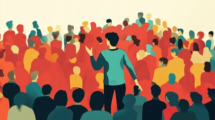 Speaker addressing a crowd illustration with dynamic abstract figures
