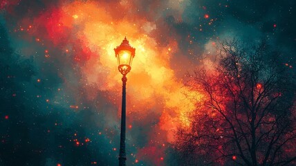 Enchanting street lamp illuminating a vibrant, cosmic night sky, blending warm and cool tones for a magical, atmospheric scene.