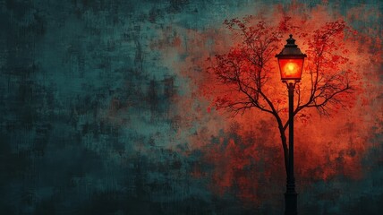 Enchanting street lamp illuminating a vibrant autumn tree against a textured backdrop, creating a warm and inviting evening atmosphere.