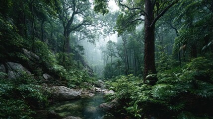 Fototapeta premium Enchanting tropical rainforest scenery with stream, lush ferns, and tall trees