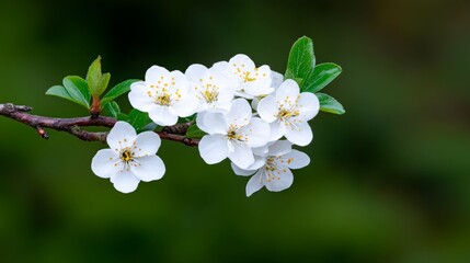 Fototapeta premium Delicate White Blossoms On A Green Branch With A Soft Natural Background