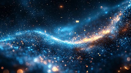 Stunning cosmic wave of blue and gold stardust, capturing the beauty of the universe in a mesmerizing, vibrant display of light and energy.