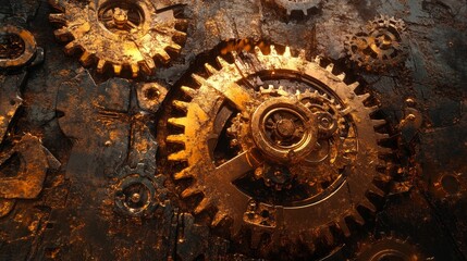 Gears and cogs in a steampunk style arrangement on a textured surface.