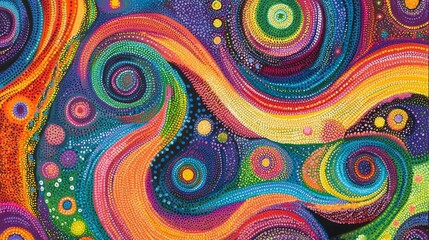 Colorful abstract painting with swirling shapes and circles creates a vibrant artistic design.