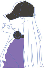 帽子を被ってヘッドフォンをしたロングヘアの女性のイラスト