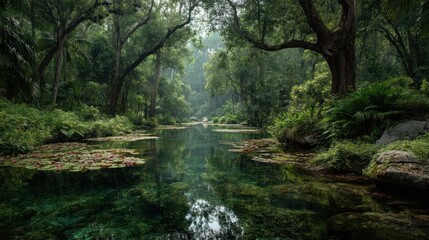 Enchanting river flowing through lush jungle paradise in vivid shades of green