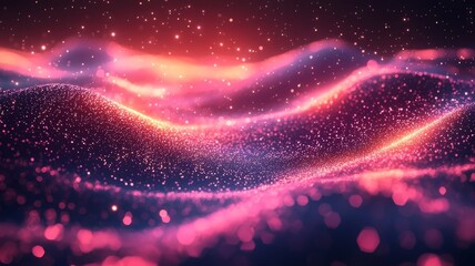 Vibrant abstract waves of light and color, creating a mesmerizing digital landscape filled with glowing particles, perfect for technology and creative projects.