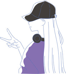 帽子を被ってピースサインのヘッドフォンをしたロングヘアの女性のイラスト