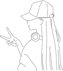 帽子を被ってピースサインのヘッドフォンをしたロングヘアの女性のイラスト白黒