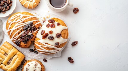 Delicious Fresh Pastries with Raisins and Coffee on Light Background