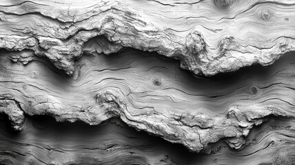 Intricate black and white texture of layered wood grain, showcasing natural patterns and depth, perfect for design and artistic projects.