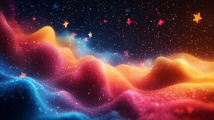 Vibrant cosmic landscape with colorful waves and twinkling stars, evoking a sense of wonder and imagination for creative projects.