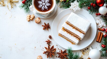 Festive Winter Treats and Hot Beverage on White Wooden Table