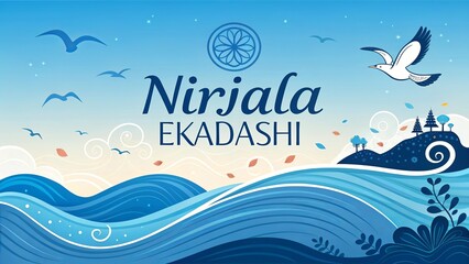 Naklejka premium Nirjala Ekadashi, Artistic waves crash behind Nirjala Ekadashi text in stunning illustration.