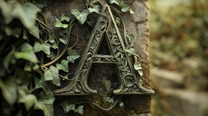 Stone pillar with letter A covered in ivy in a blurred outdoor setting.
