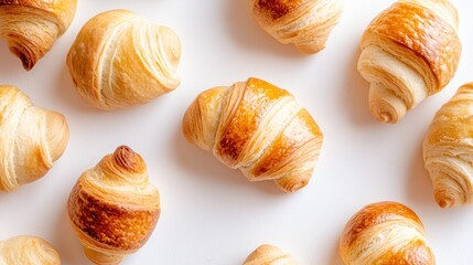 Flaky and Golden Croissants Arranged on a White Background